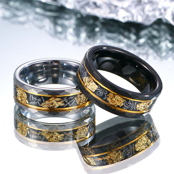 Meteorit Goldfolie Inlay Wolfram Ring 8mm - Königseid