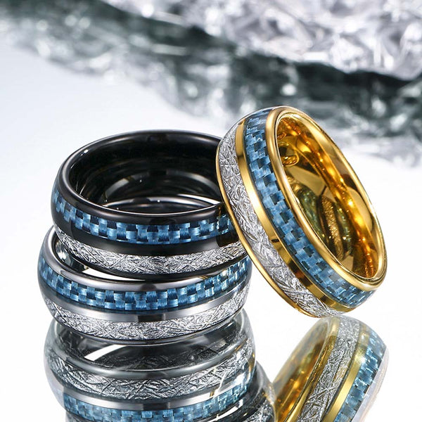 Meteorit Kohlefaser Inlay Wolfram Ring 8mm - Eiszeit