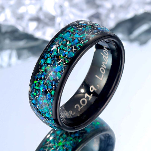 Wolfram Ring mit Meteorit & Opal Inlay 8mm - Grün Nacht Fänger