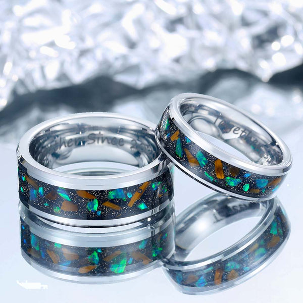 【Paar】Wolfram Ring Silber mit Grün Opal Inlay - Sternenhimmel Maler