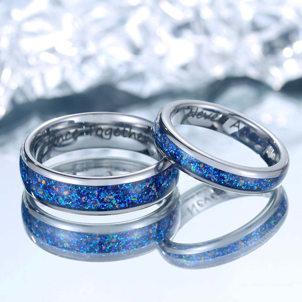 【Paar】Wolfram Ring Silber mit Opal Inlay - Blaupunkt Ozean