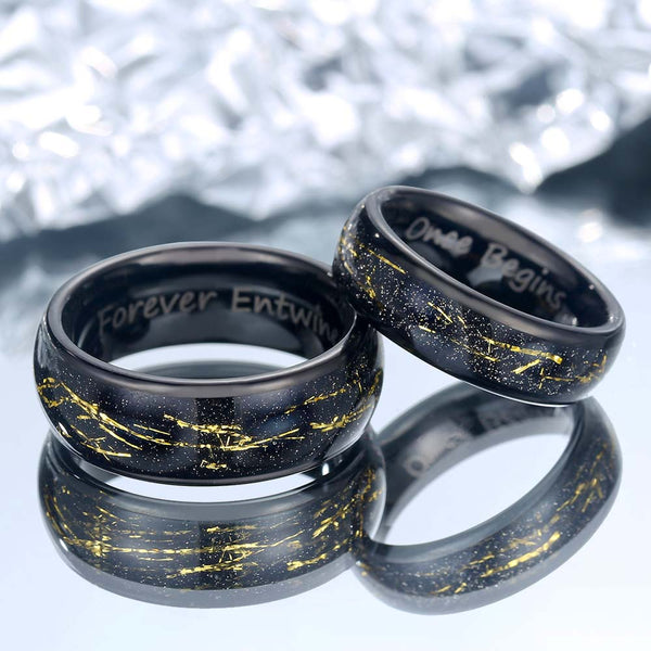 【Paar】Goldfolieneinlage Wolfram Ring Schwarz - Zeitgraveur