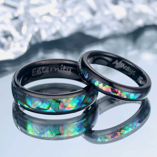 【Paar】Perlmutt Inlay Wolfram Ring Schwarz - Regenbogen Weber